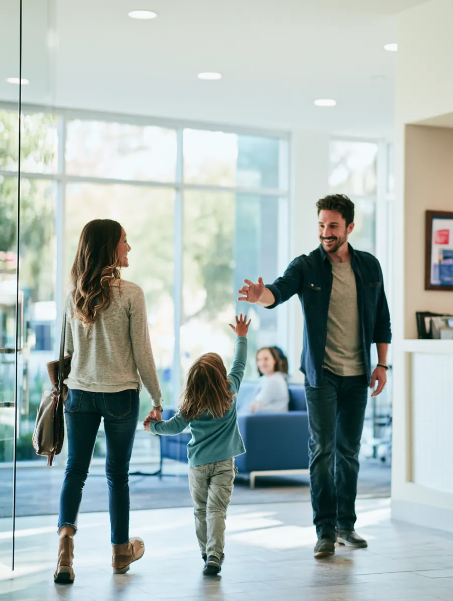 Young family leaving a dental clinic