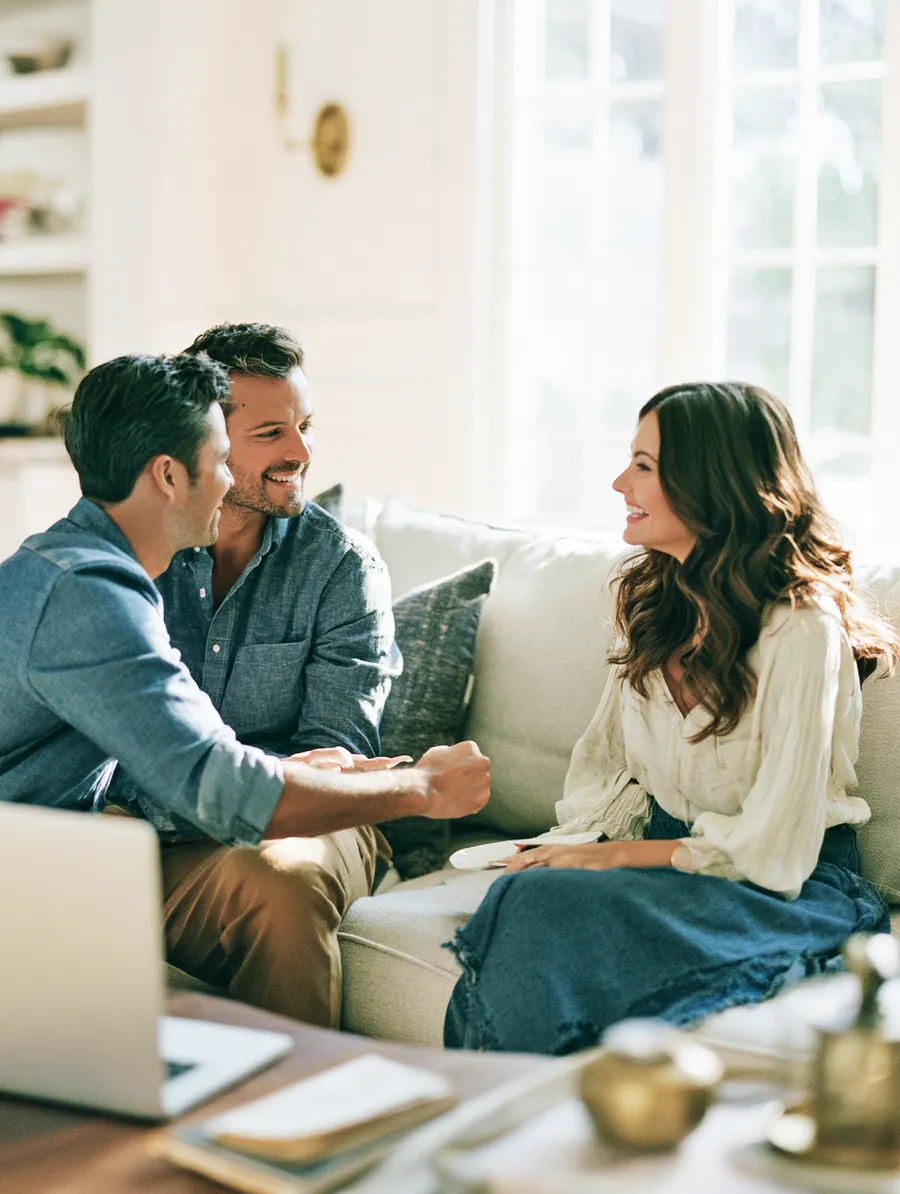 Man in his 30s with his partner celebrating with a fist bump on the couch