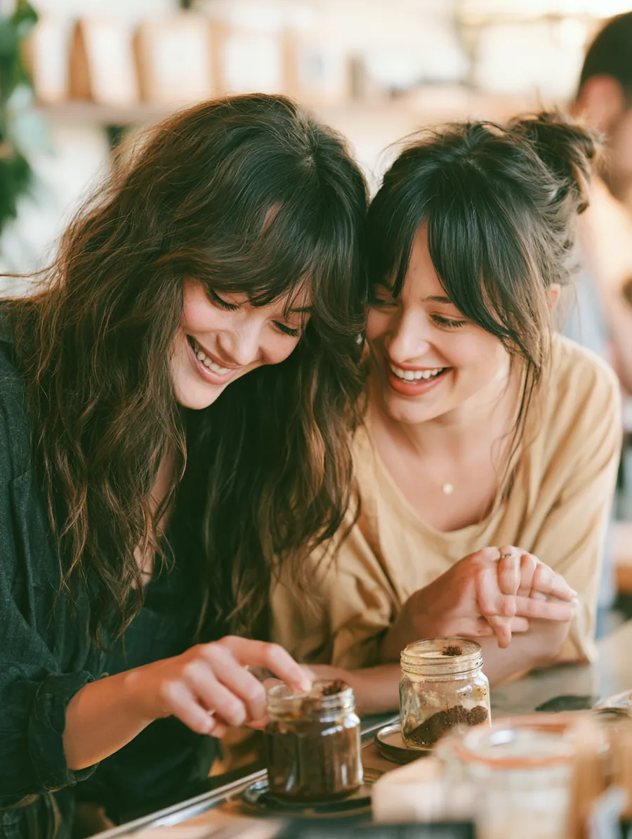Two friends in their 30s sampling two coffee roasts at a tasting counter
