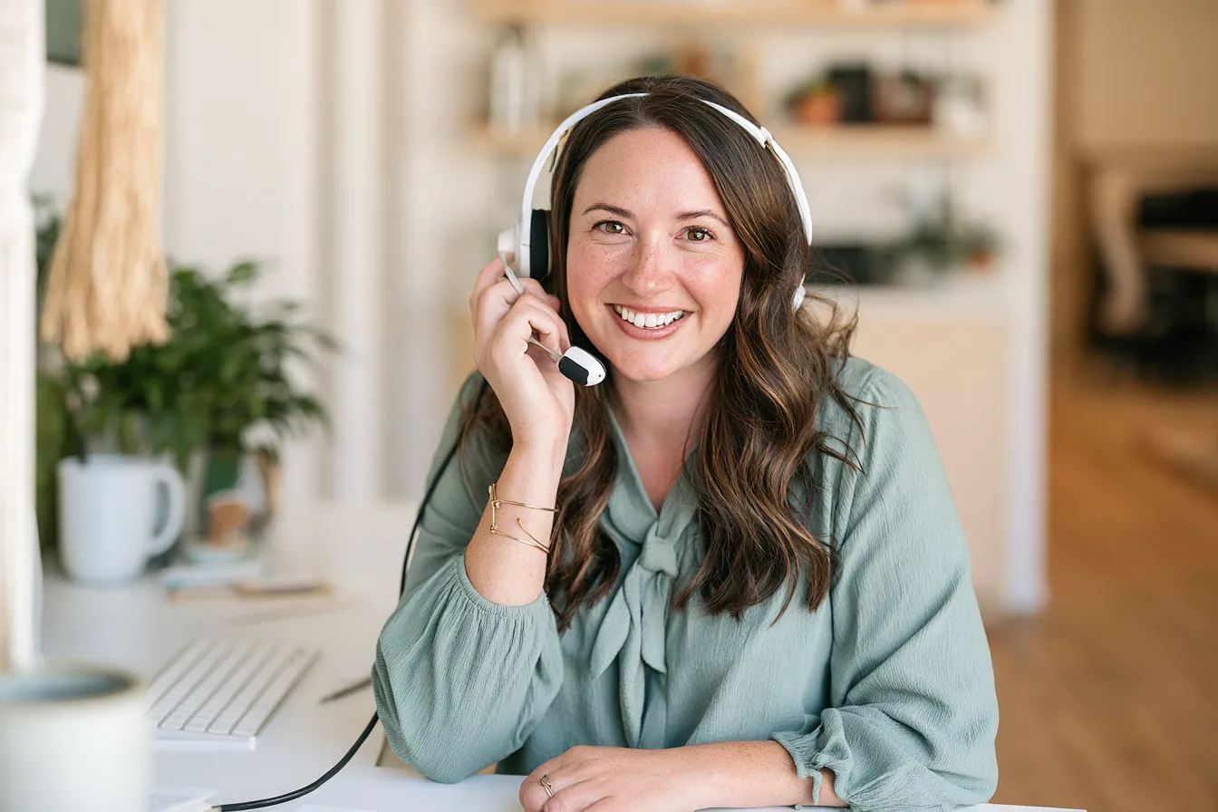 Support specialist in her 40s with a headset answering a call at a tidy modern desk (Makwa Loans)