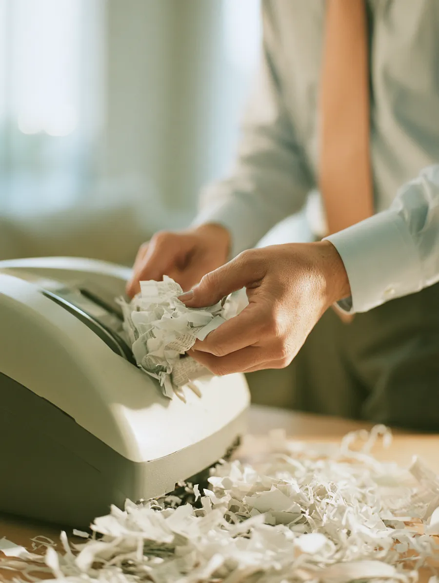 Hands of a man in his 40s feeding old paper statements into a compact shredder