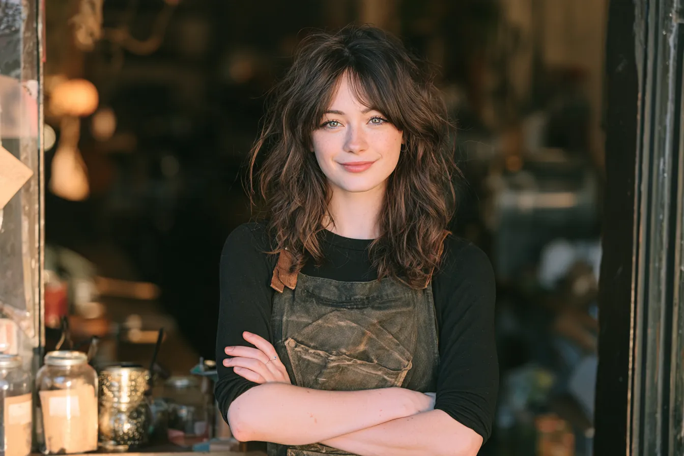 Barista in her 20s wearing an apron standing proudly at the door of the coffee shop she runs (Makwa Loans eligibility guide)