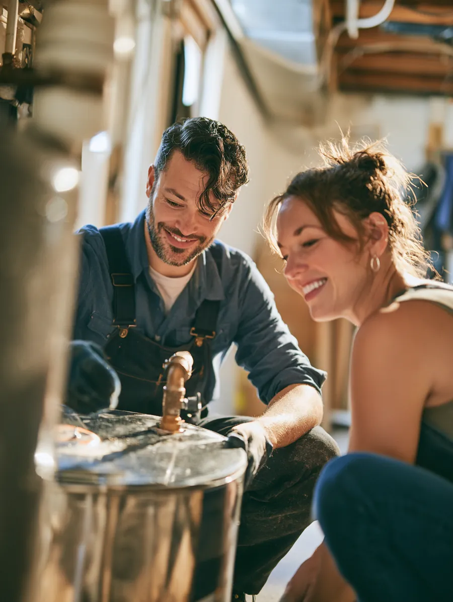 Technician in his 30s with homeowner in her 50s replacing a water heater valve as she looks on
