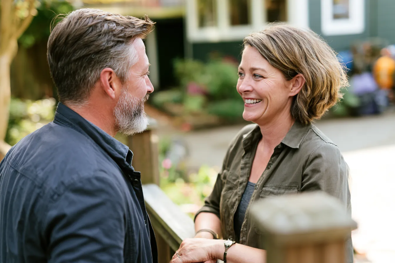 Man in his 40s and neighbor in her 50s chatting over a low garden fence (Makwa Loans)