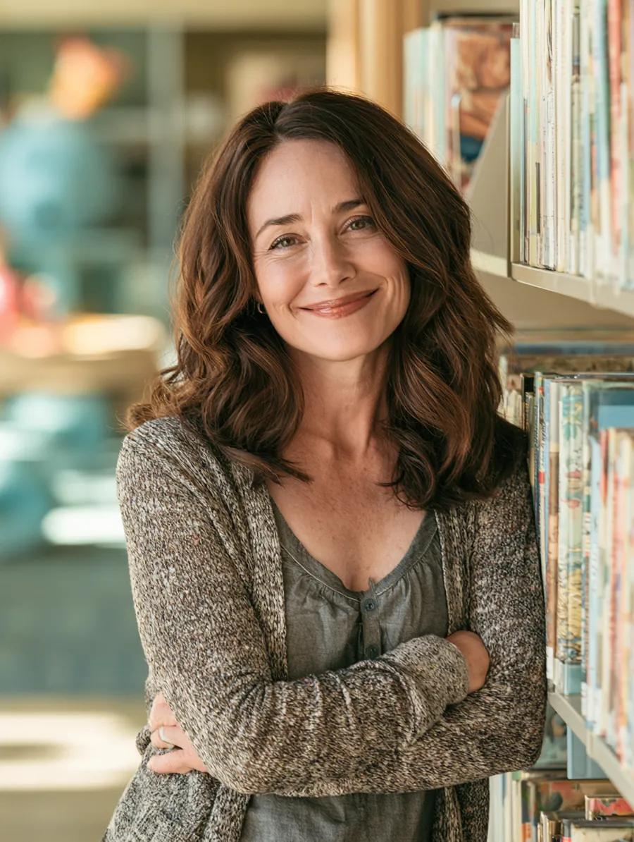 Teacher in her 50s smiling beside a tall bookshelf