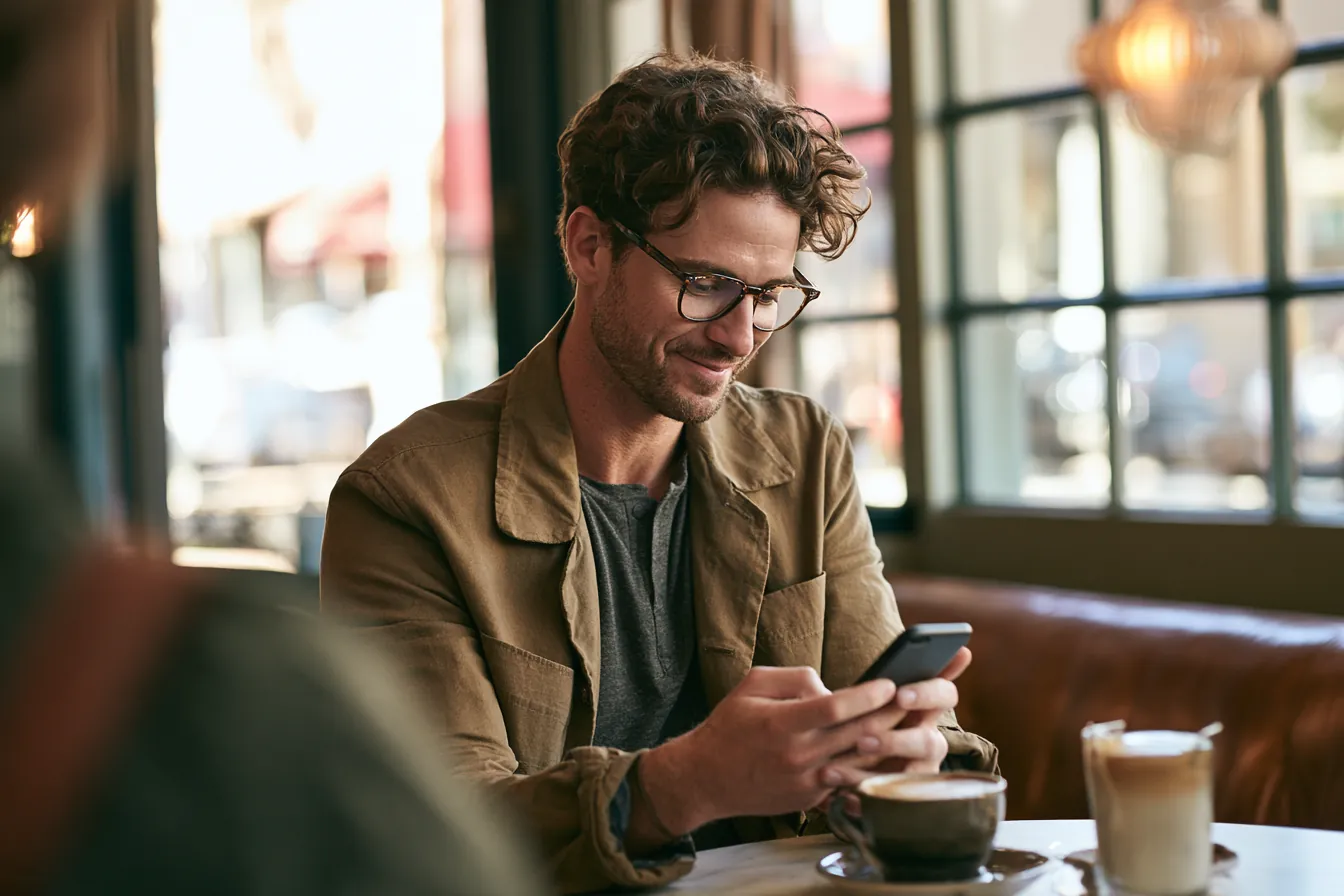 Man in his 30s checking a confirmation on his phone over coffee (Makwa Loans)