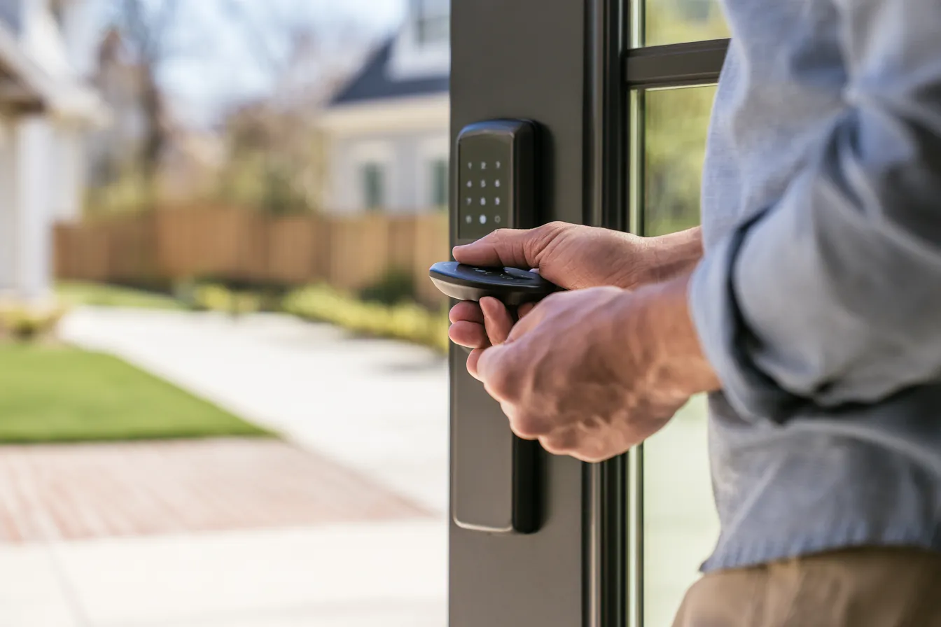 Hands of a man in his 30s locking the front door with a sleek smart lock keypad (Makwa Loans)