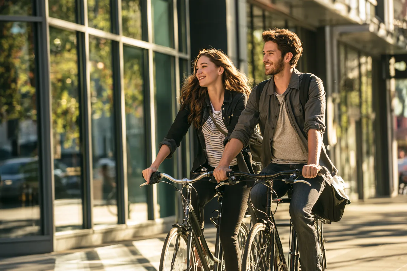 Two coworkers in their 20s riding city bikes past modern storefronts in morning light (Makwa Loans rates guide)