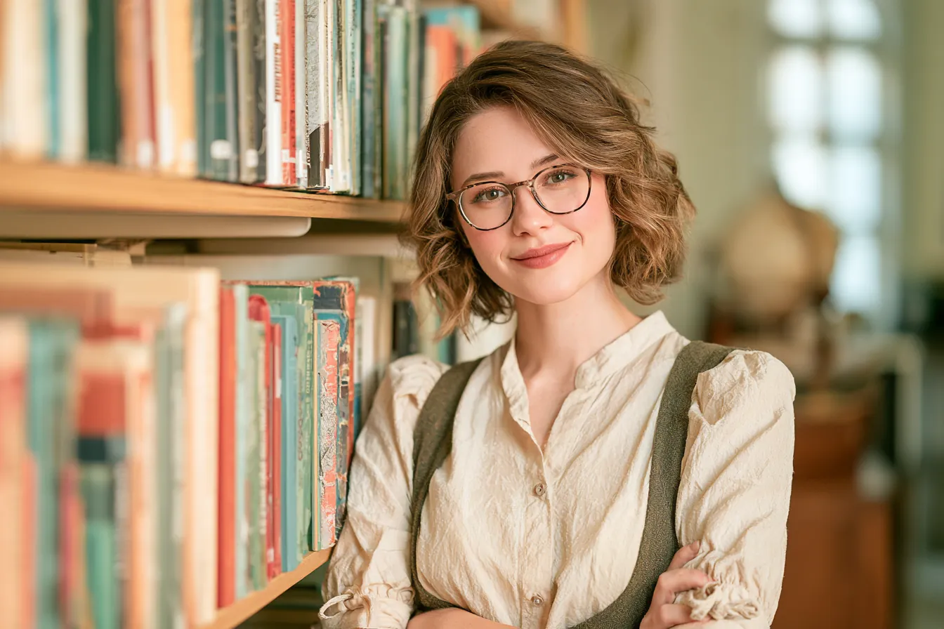 Librarian in her 30s shelving colorful books on a bright oak shelf (Makwa Loans)